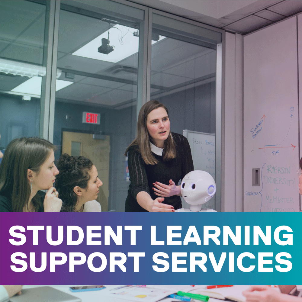 student learning support services is written on a banner on top of a photo of a room of people working