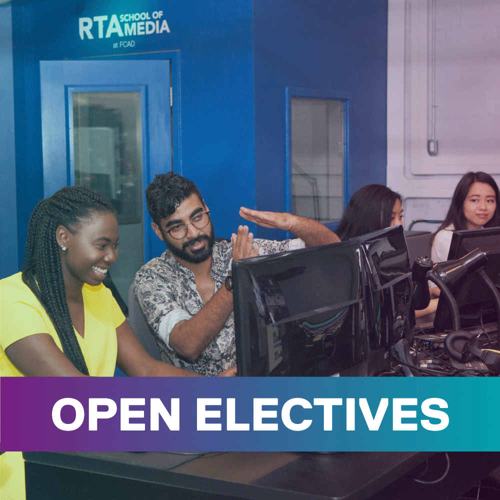 students in front of a computer working together. white text overlay says Open electives