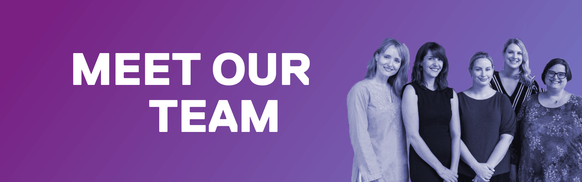 Meet Our Team is written on a purple gradient with a team of 5 people is on the right