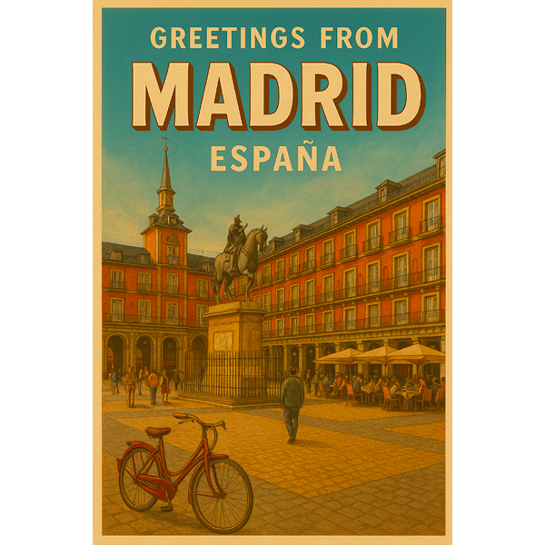 AI generated poster showing a cartoon-like image of Madrid