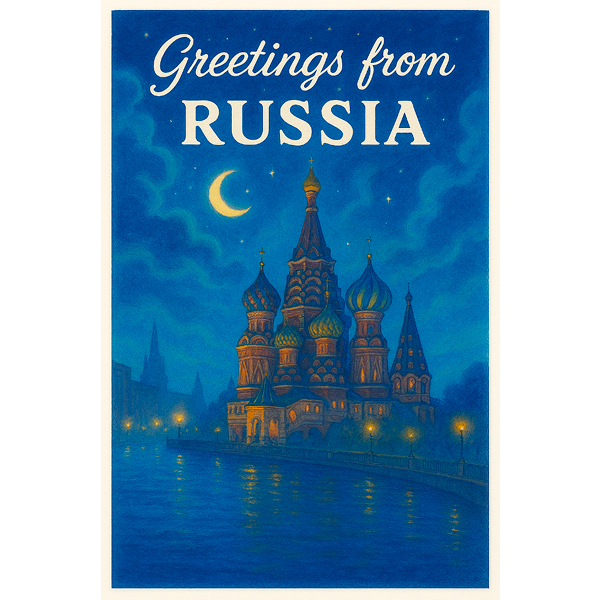 AI generated poster showing a cartoon-like image of Moscow, Russia