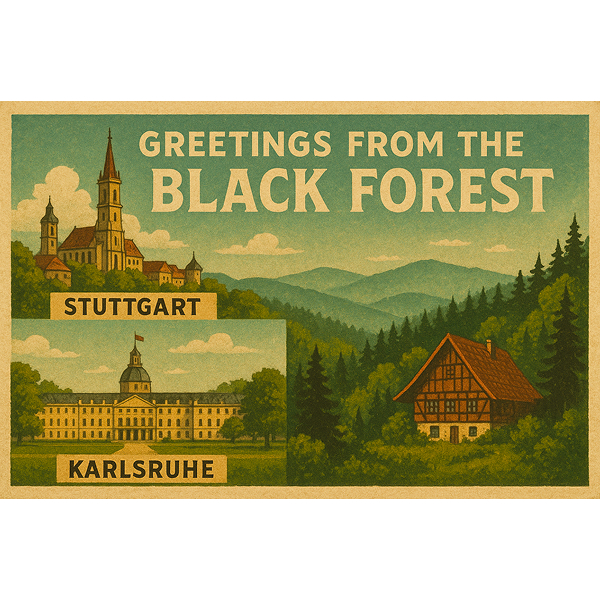 AI generated poster showing a cartoon-like image of Stuttgart, Germany