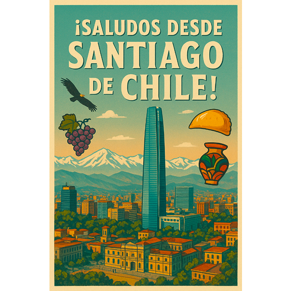 AI generated poster showing a cartoon-like image of Santiago de Chile