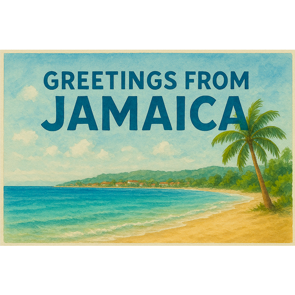 AI generated poster showing a cartoon-like image of a beach in Jamaica