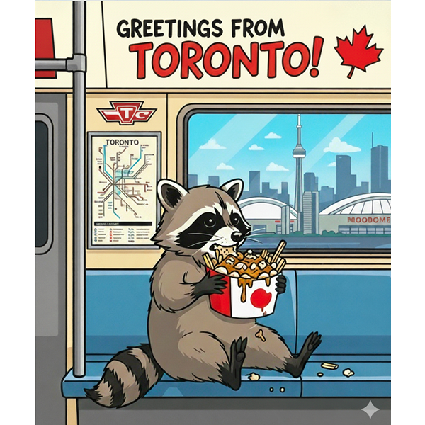 AI generated poster showing a cartoon-like image of racoon seating in a Toronto subway train, with the skyline visible on the window