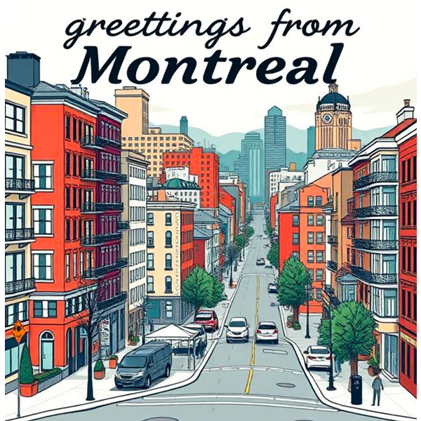 AI generated poster showing a cartoon-like image of a street in Montreal, Canada