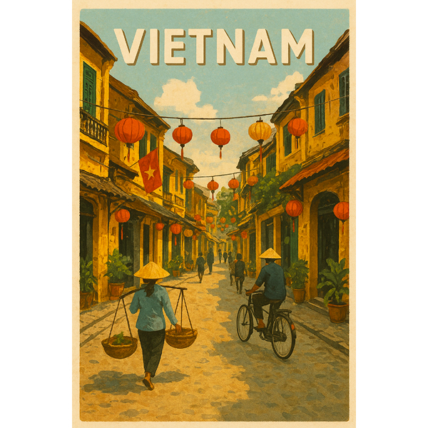 AI generated poster showing a cartoon-like image of a street in Vietnam