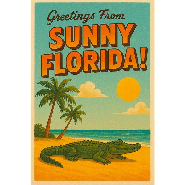 AI generated poster showing a cartoon-like image of a beach in Florida with an aligator taking the sun on the sand