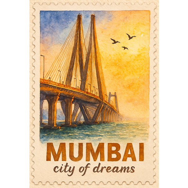 AI generated poster showing a cartoon-like image of postal stamp with a bridge in Mumbai, India