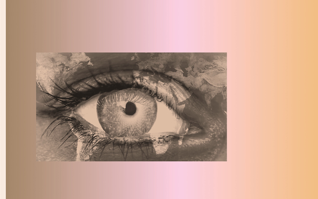 a black and white eye with water dripping and a blush pink and yellow background