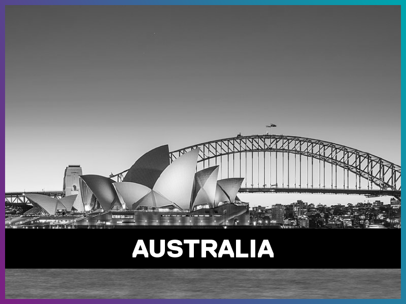 Australia is written on a banner on top of a picture of the country
