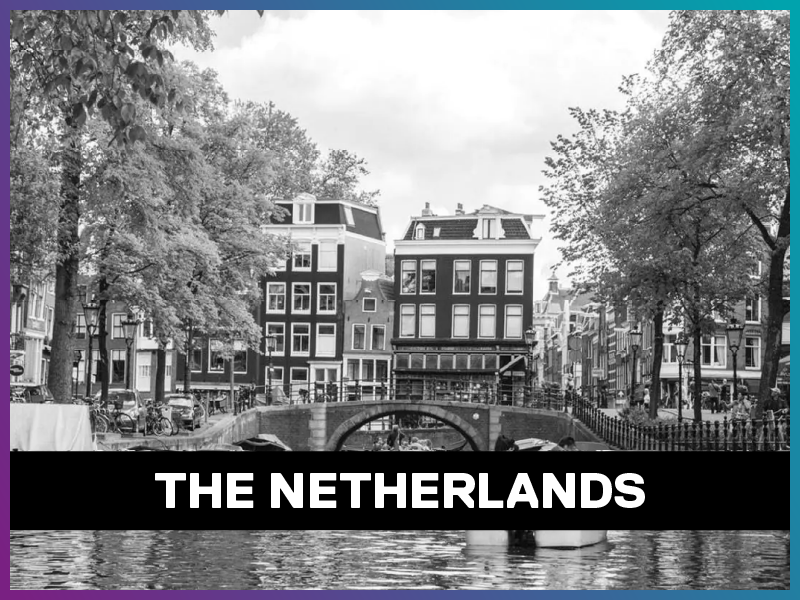The netherlands is written on a banner on top of a picture of the country