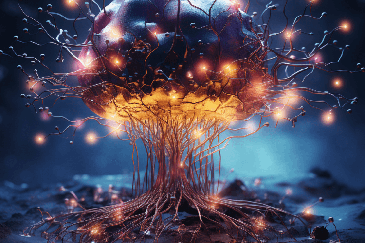 3D concept rendering of a brain with wires plugged into a circuit board