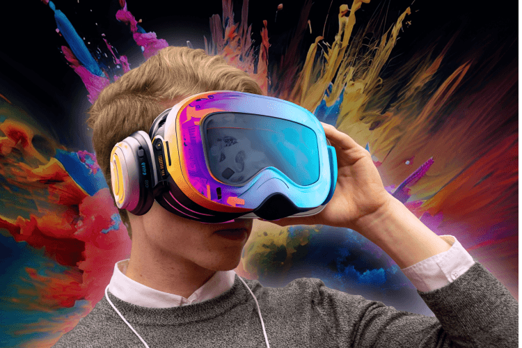 Person with VR headset on, splashes of colour in background