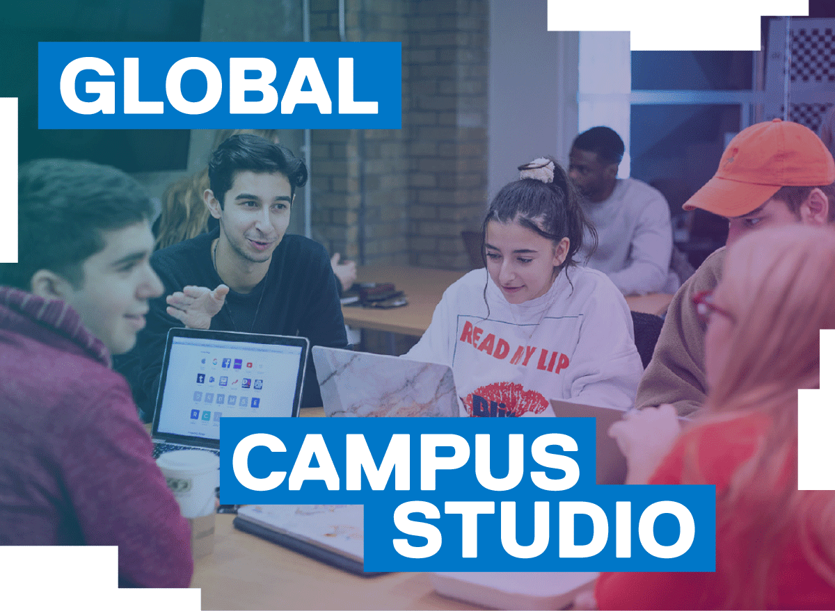 Global Campus Studio is written in white text in 3 blue boxes on top of an image of students working