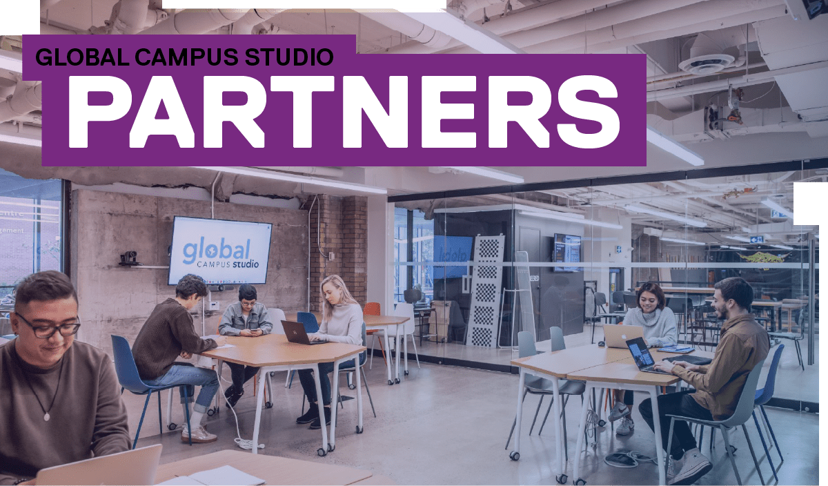 Global Campus Studio Partners banner with students working in their groups and laptops in a collaborative studio