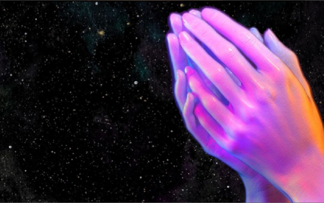 two hands in pink glaze touching each other with a starry background