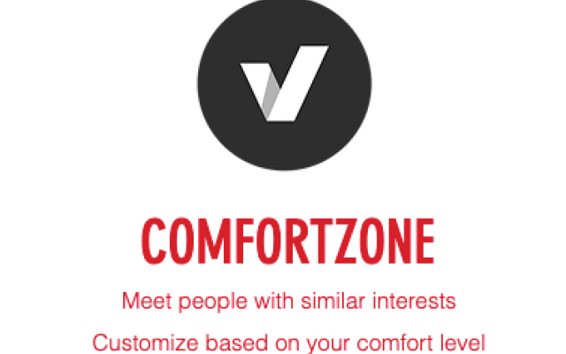 black and white logo with a V in white of the black circular background. comfort zone meet people with similar interests customize based on your comfort level in red text