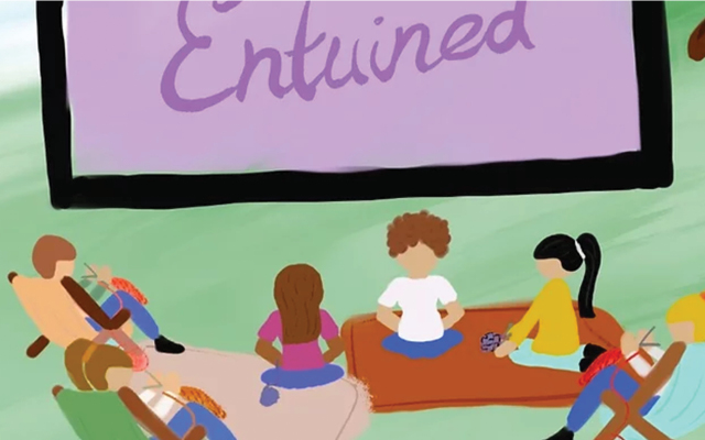 entwined in purple text and characters in the garden doing yoga and relaxing on sunbed style chairs