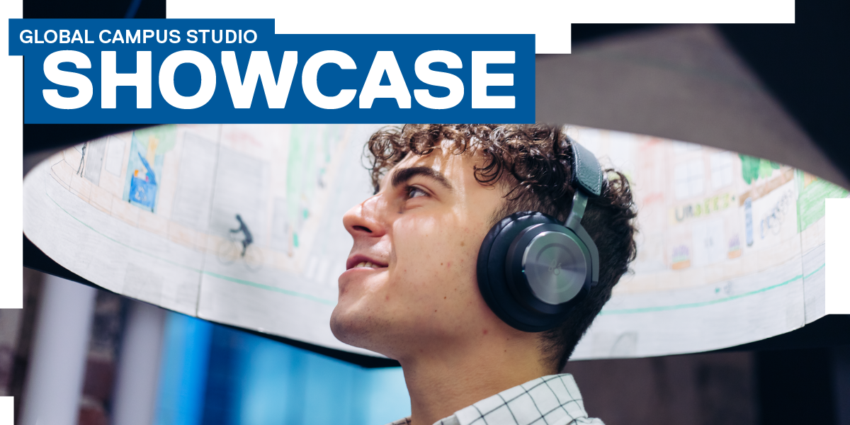 Global Campus Studio Showcase: boy with headphones on smiling and viewing a virtual reality experience