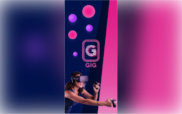 G for gig girl wearing a black virtual reality set while playing with the controllers in a blue and pink background