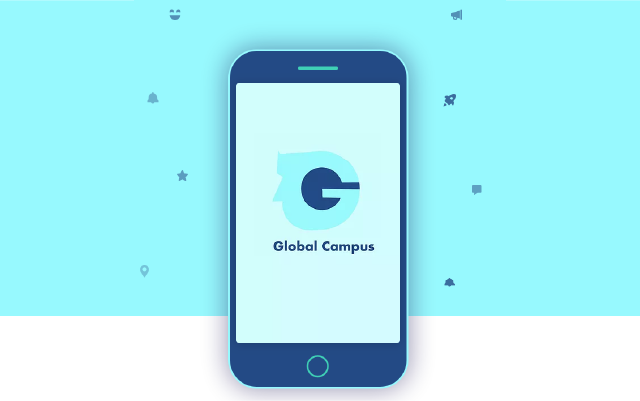 Global Campus on a phone screen in dark and light blue tones