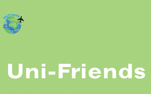 uni-friends in white text with a light green background on top left a world logo with a black stencil plane wrapped around the world and in small light blue text uni friends