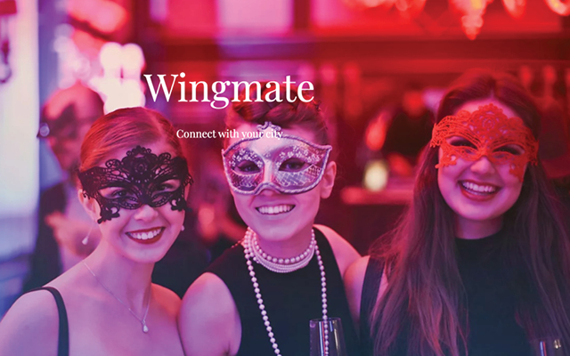 wingmate connect with your city with three individuals smiling at the camera and wearing masquerade masks
