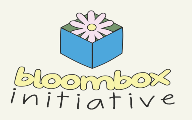 bloombox initiative in yellow and black text with a pink flower place in a blue cube above the title