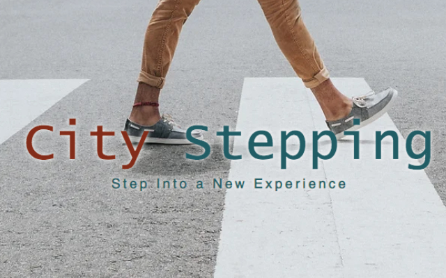city stepping in red and turquoise blue text with slogan underneath step into a new experience. an individuals are presented as they're walking on a road crossing that is white and grey