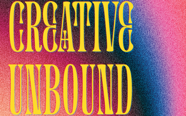 creative unbound in yellow text behind a cosmic red and blue background