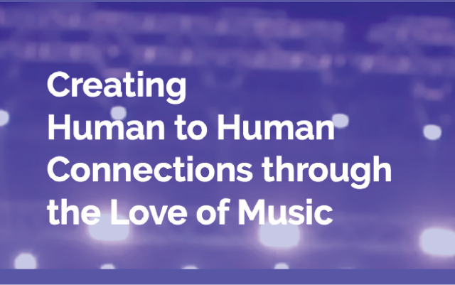creating human to human connections through the love music in white text and a purple background with spotlights blazing