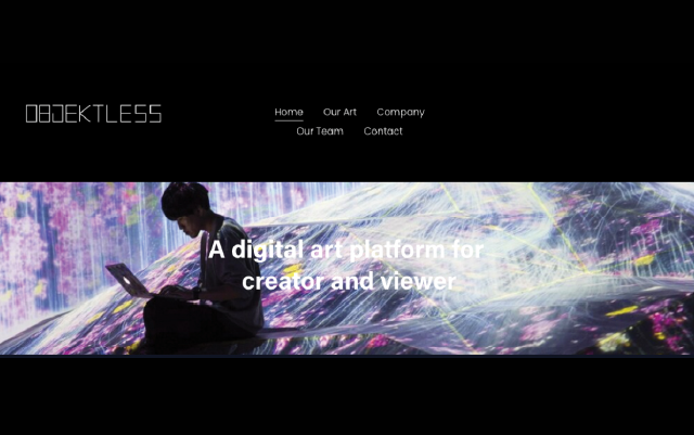 objecktless a digital art platform for creator and viewer with an individual looking at their laptop screen while in a digitized futuristic environment