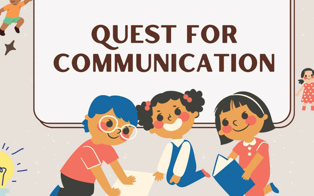 quest for communication in brown text with three cartoon characters smiling and sitting together