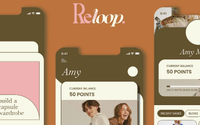 reloop in pink and white text with three wire frames showing on how the user experience works