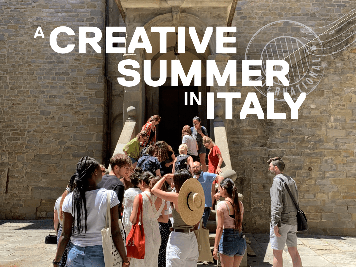 'A creative summer in Italy' over an image of students entering a stone building