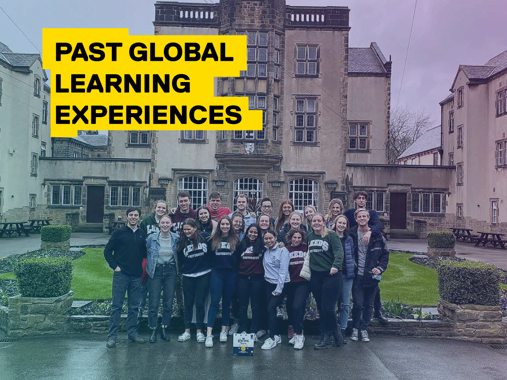 Past Global Learning Experiences is written in a yellow box on top of a group photo of students on a trip