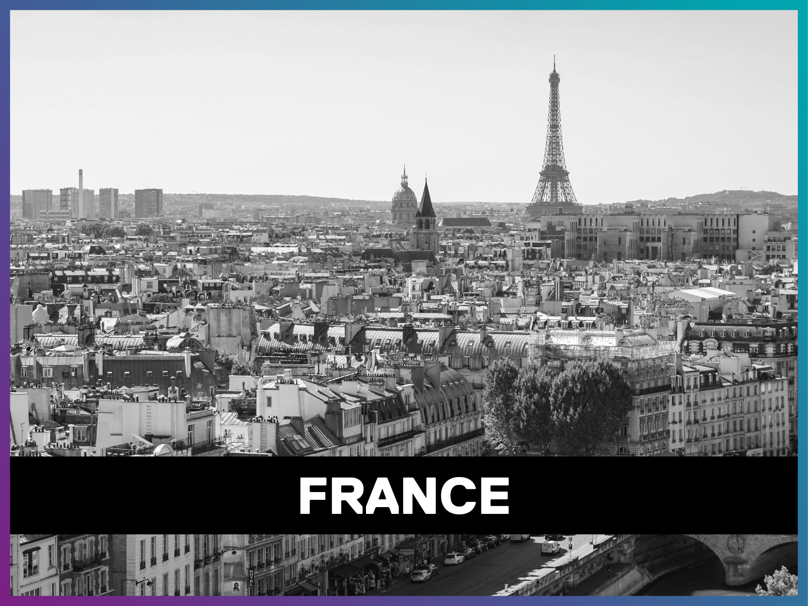 France is written on a banner on top of a picture of the country with the Eiffel tower in the background