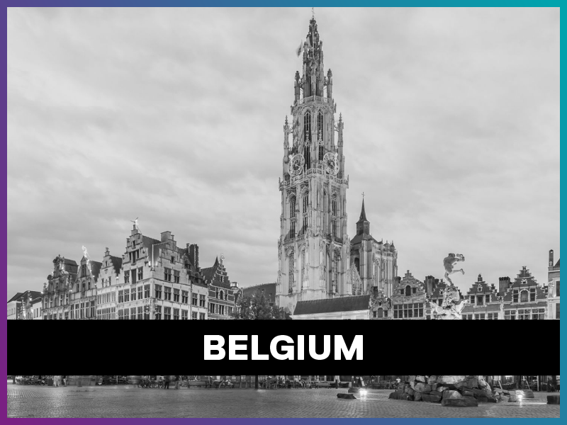 Belgium is written on a banner on top of a picture of the country