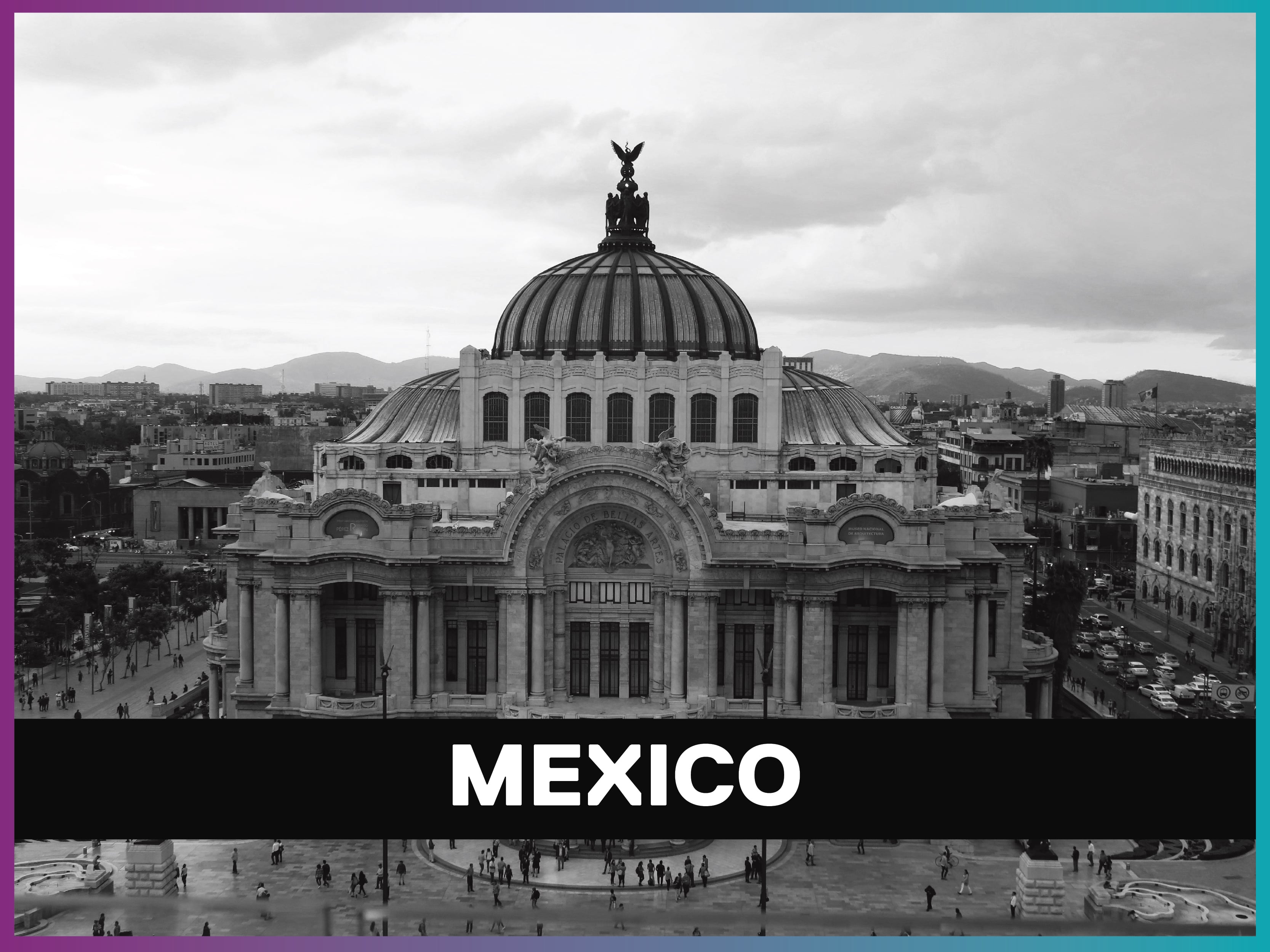 Mexico is written on a banner on top of a black and white picture of a monument in Mexico