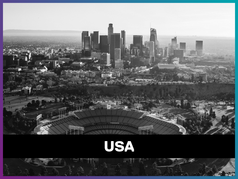 USA is written on a banner on top of a picture of Los Angeles