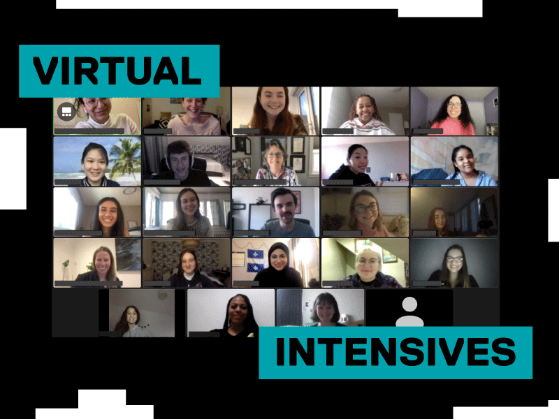 Virtual Intensives is written in blue boxes on top of a photo of a Zoom call