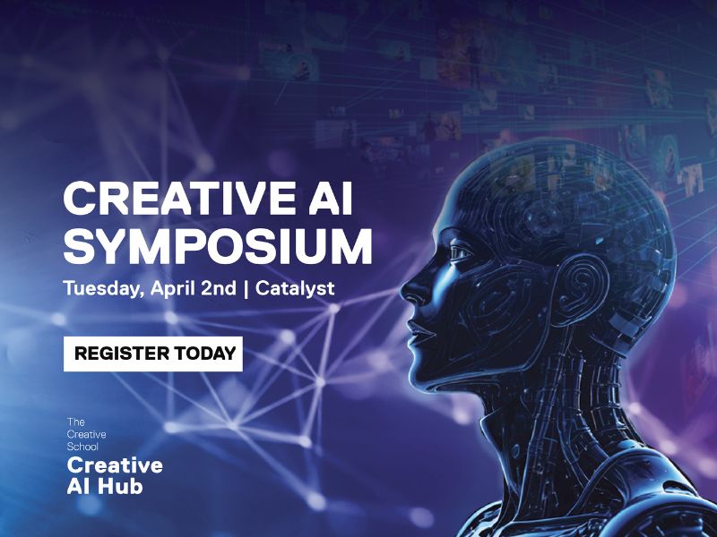 A graphic with a purple gradient as a background showing data architecture lines and a profile view of an AI Robot. The title "Creative AI Symposium" is the main focus of the graphic. 