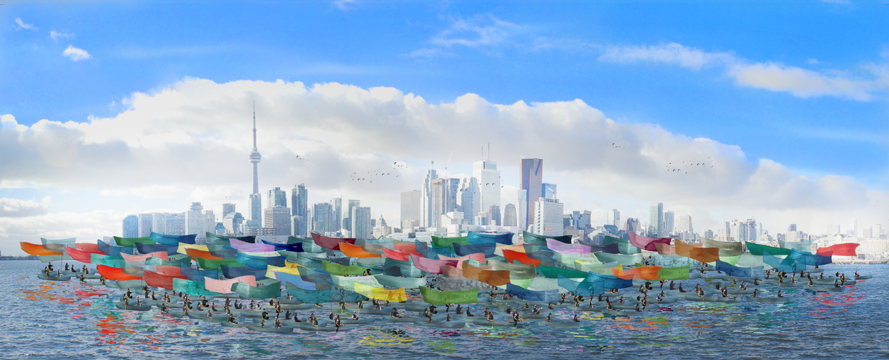 A colourful rendering of canoes moving in unison across Toronto’s eastern Waterfront.