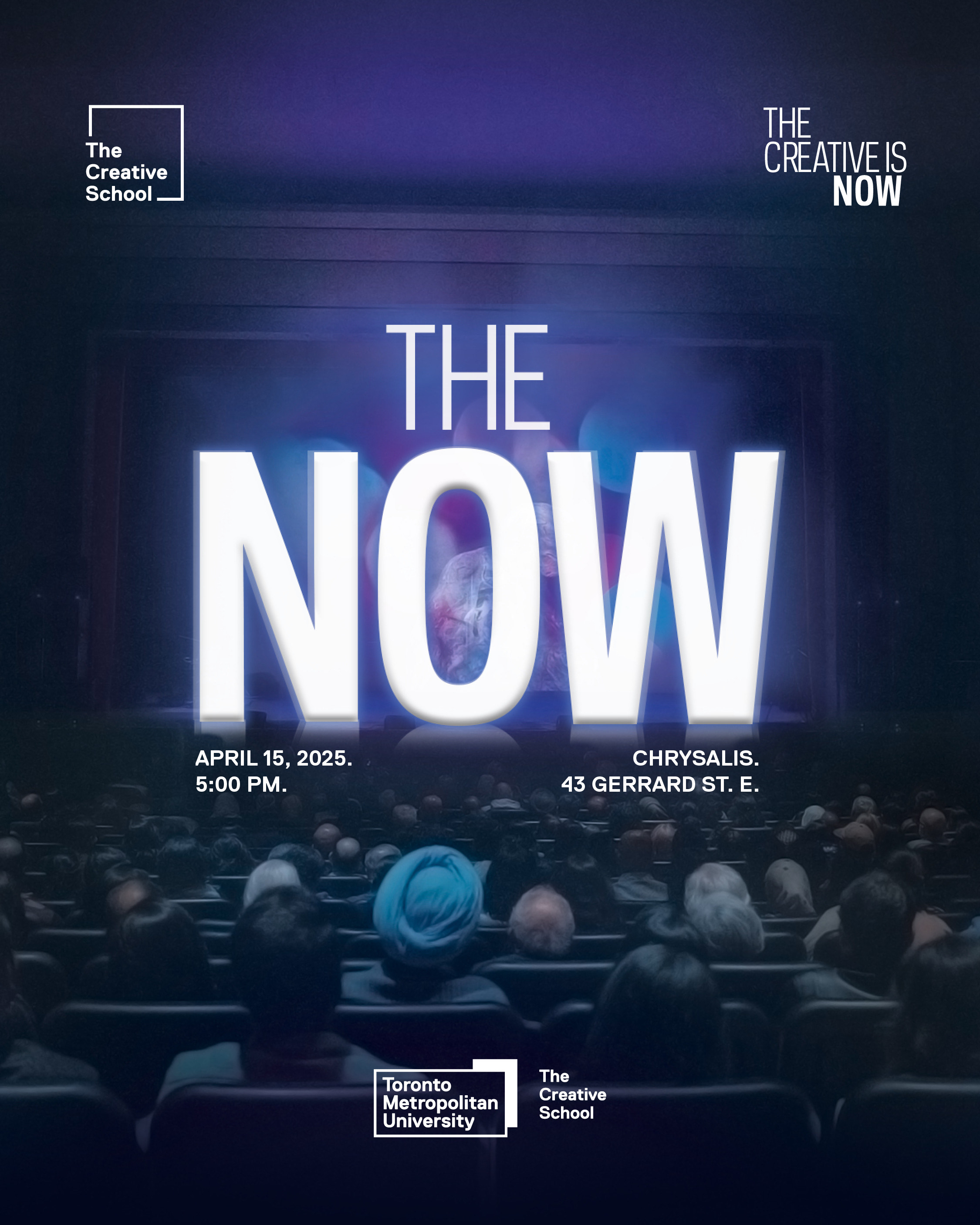 Poster of the event, we see the back of the audience in seats and "The NOW" written in the centre.