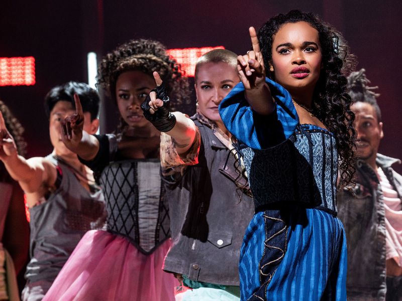 Still photo from the live, on-stage production of & Juliet featuring the cast posing in a dance number. Photo features JOOMIN-HWANG, RACHEL-WEBB, BOBBY POCKET HORNER, LORNA COURTNEY, VIRGIL GADSON