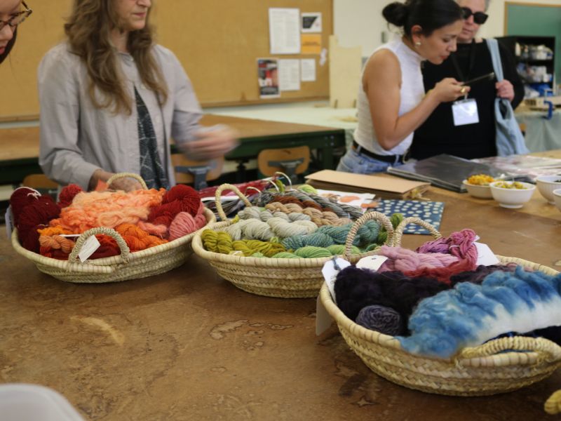 Participants gather around a large worktable in a studio space, examining baskets filled with colourful hand-dyed yarn and fibre samples in shades of red, orange, green, blue, and purple. Several attendees browse materials and take notes, while bowls containing natural dye ingredients sit on the table nearby.