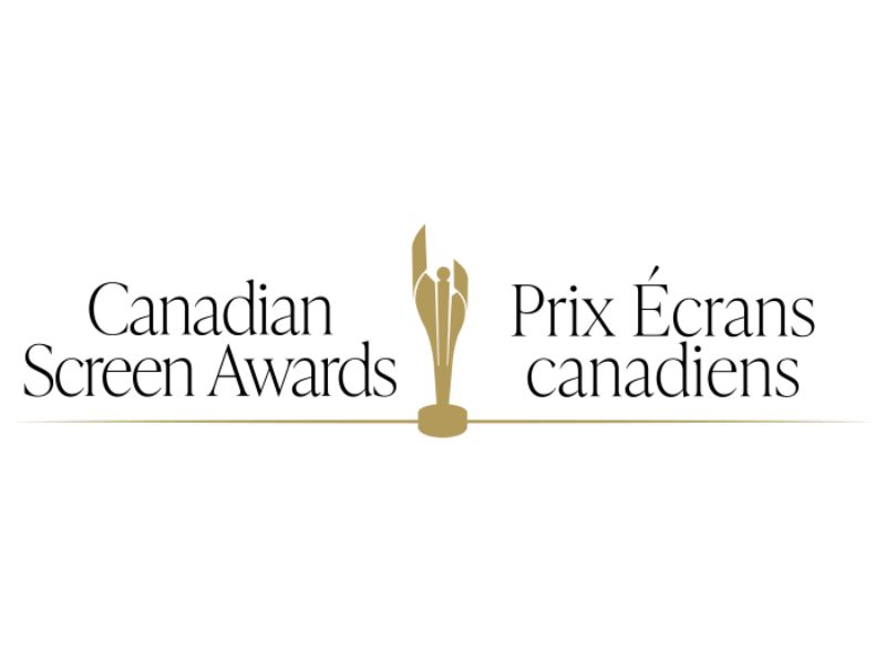 A banner style image of The Canadian Screen Awards written in both English and French with an animated Canadian Screen Award trophy in the middle