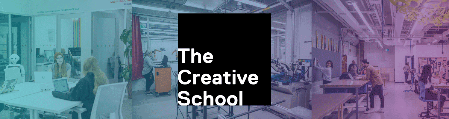 The Creative School is written in white text in a black box on top of a photo of students working in an open workspace