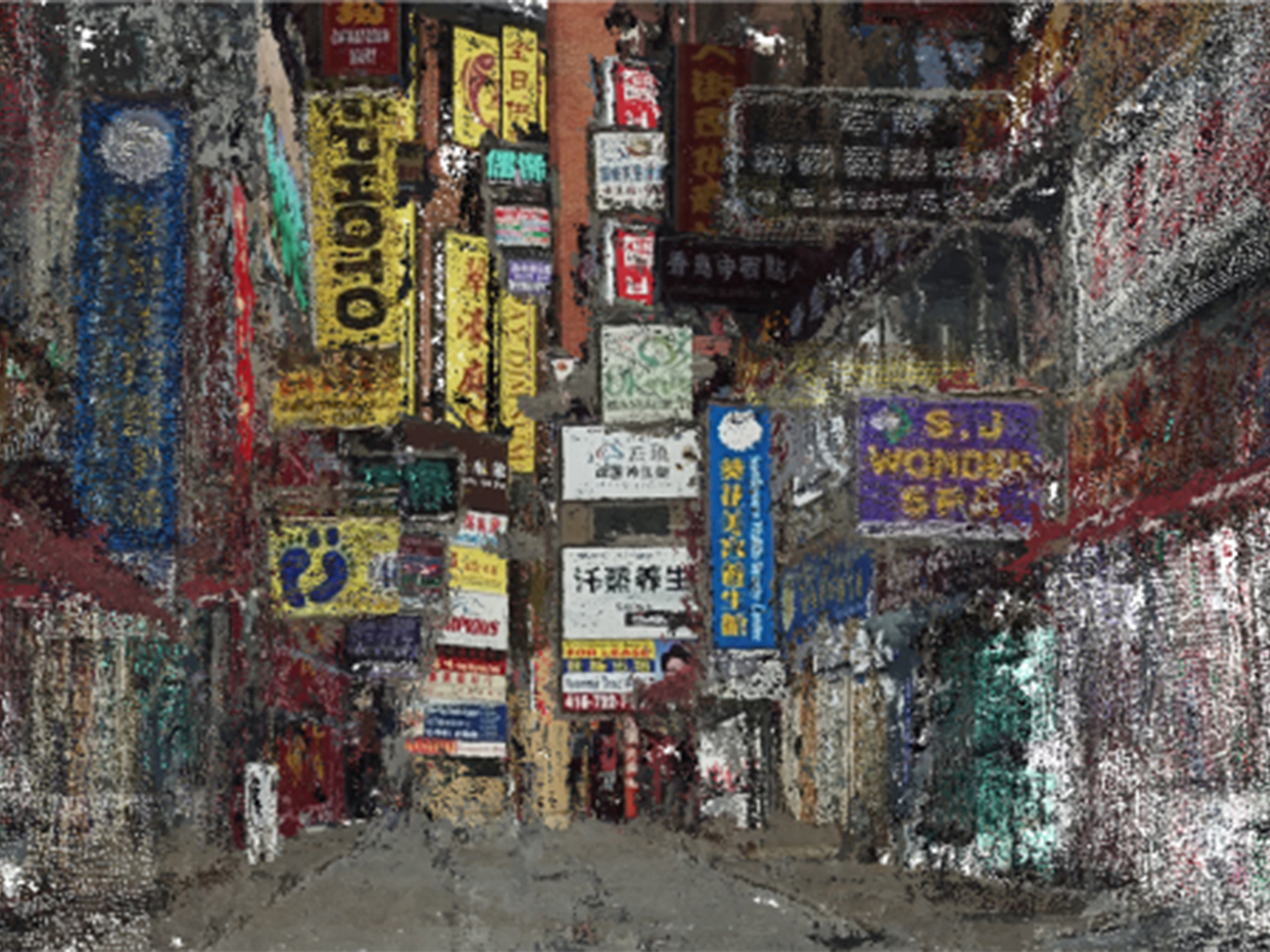 An early rendering of a lidar scan of Chinatown, featuring colourful signs and older buildings